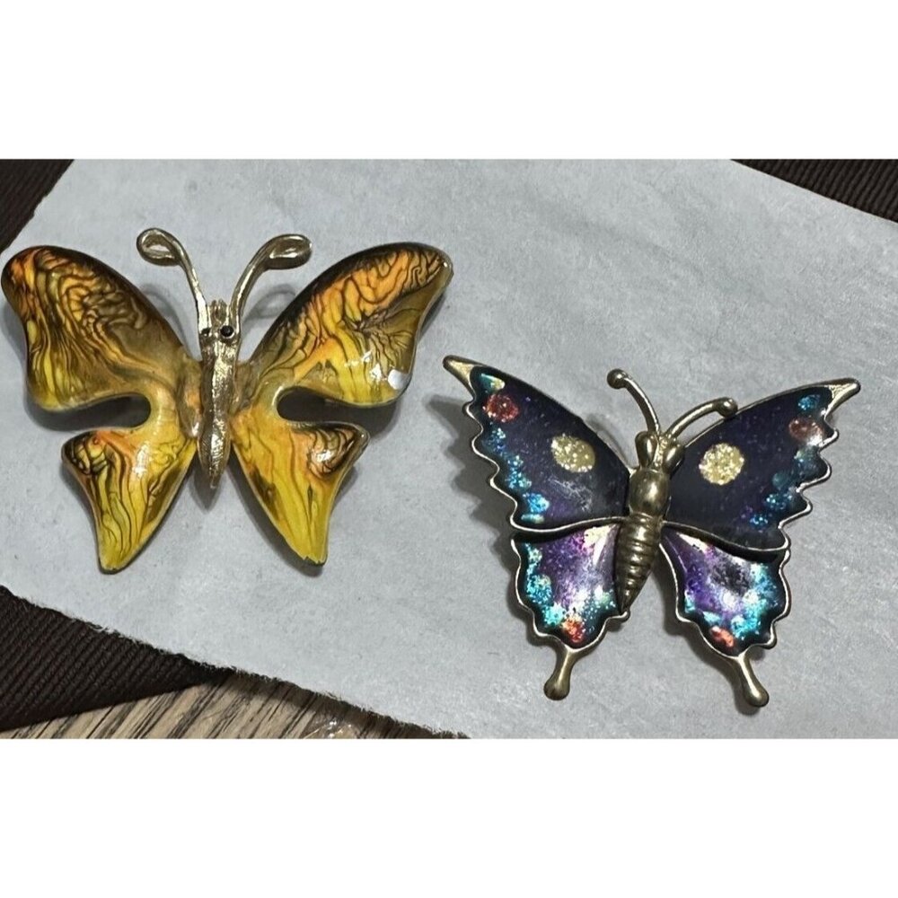 Vintage Brooch Pair EMMONS Enamel Figural Butterfly Brooch Yellow And Blue Pin